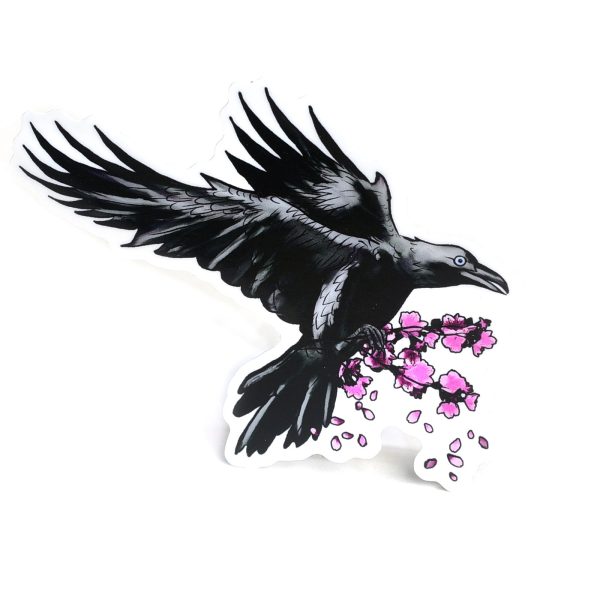 Flying Crow & Blossoms Vinyl Sticker For Cheap